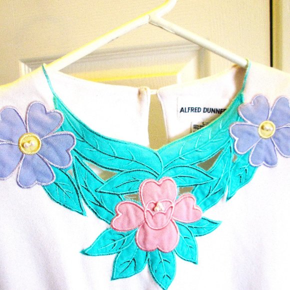 Alfred Dunner pink,lavender,aqua embroidered beaded cutout applique flowered top - Picture 2 of 6